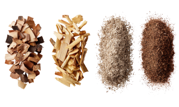 Wood chips and sawdust in various stages of processing