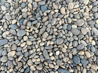 A close-up, top-down view of a collection of small, smooth river stones or pebbles. The stones vary in color, primarily featuring shades of gray, tan, and brown. They are tightly packed together.
