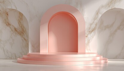 Pink arch display podium in a marble room