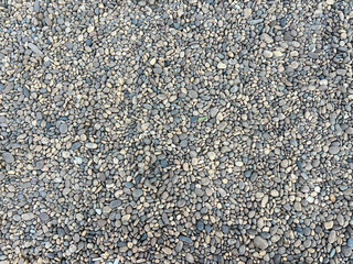A collection of smooth, variously sized pebbles in shades of gray, brown, and beige, scattered closely together. Some dried leaves and small debris are visible among the stones.