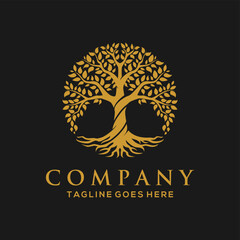 line art nature logo vector design oak tree inside circle, abstract tree logo symbol inside circle