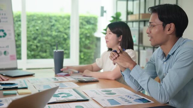 Happy workplace diverse team group young adult gen Z asia people man woman candid work at office class enjoy talk laugh relax idea advice in go green eco friendly future growth worker mental health.