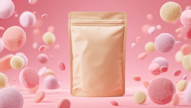 Beige pouch surrounded by pastel spheres