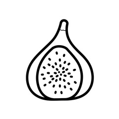 Black and white fig illustration with visible seeds in a halved view isolated on white background