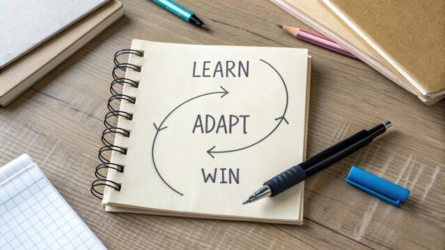Learn Adapt Win Cycle Concept on Notepad with Stationery Items on Wooden Table in Bright Indoor Environment