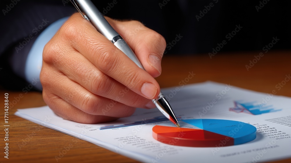 Poster a hand holding a pen is analyzing a colorful pie chart on a document, reflecting data analysis and b