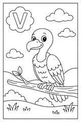 Alphabet coloring page with letter V and a cute vulture sitting on a branch, a fun educational activity for kids to learn the alphabet while coloring.