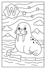 Alphabet coloring page with letter W and a cute walrus sitting on ice in the ocean, a fun educational activity for kids to learn the alphabet while coloring.