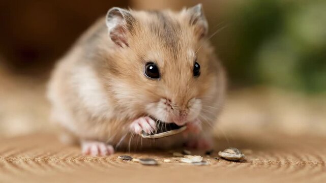Adorable hamster eating sunflower seeds close up shot.