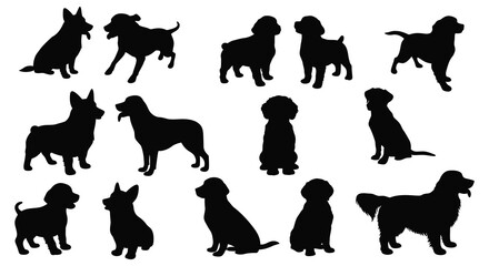 Collection of various dog silhouettes in a simple black and white style