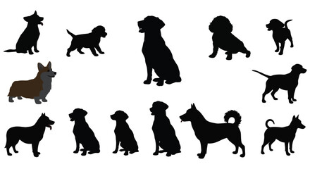 Collection of diverse dog silhouettes in varying breeds and poses