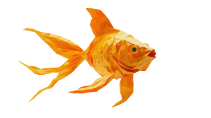 A golden fish moves inside a floating aquarium made of woven origami paper, constantly shifting shape, on white background png