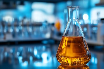 A golden liquid rests in an Erlenmeyer flask, a symbol of scientific discovery and innovation, bathed in cool blue lab light.