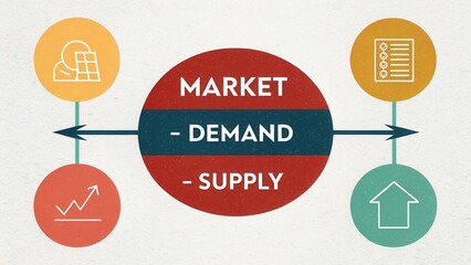 Market Demand and Supply Illustration with Graphs, Charts, and Icons Representing Economic Concepts