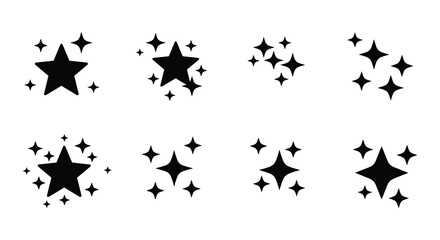 Naklejka premium Black stars and sparkles scattered on a plain white background