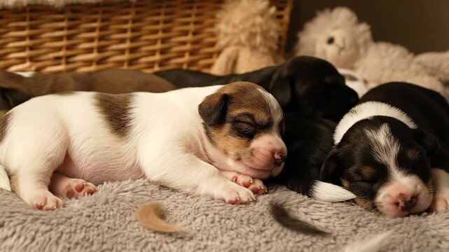Adorable Puppy Pile - A Basketful of Sleeping Jack Russell Terrier Puppies.