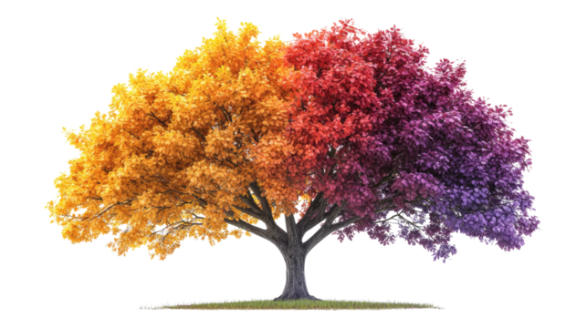 A giant autumn tree with a wide canopy of rainbow-like foliage--red, orange, yellow, and deep purple--rendered in ultra-detailed realism, centered on a blank white background. png