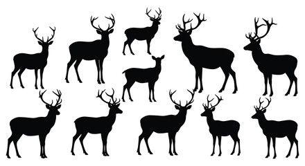 A collection of black silhouettes depicting various deer in different poses