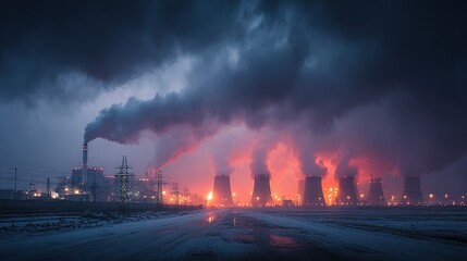 Industrial complex with smoking chimneys and cooling towers under a cloudy sky.