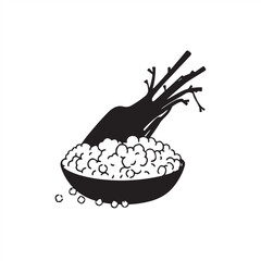 Isekai anime style, classic black and white vector silhouette of couscous on a white background, timeless elegance, expressive composition