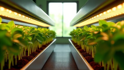 Fototapeta premium Indoor farming with led lights and green plants