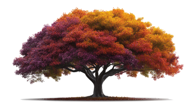 A giant autumn tree with a wide canopy of rainbow-like foliage--red, orange, yellow, and deep purple--rendered in ultra-detailed realism, centered on a blank white background. png