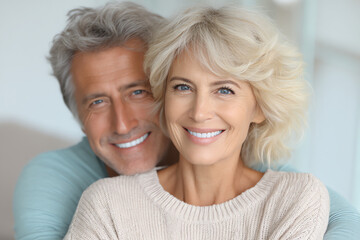 Happy mature couple smiling warmly, showing affection and closeness.