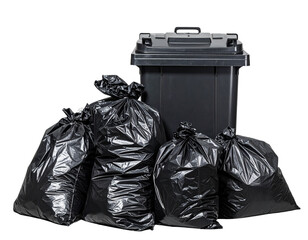 Pile of Black Plastic Garbage Bags with Trash Can