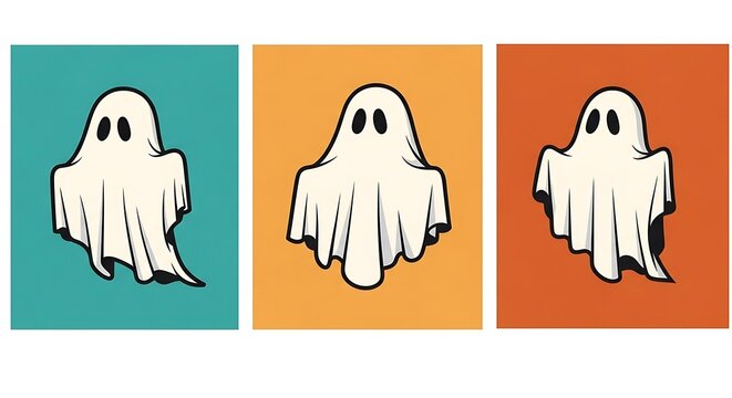 Three cartoon ghosts on teal orange and red backgrounds perfect for halloween themed designs and spooky season decorations and invitations for parties and events