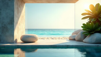 Fototapeta premium Tropical beach view from minimalist biophilic architecture