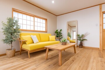 Fototapeta premium A bright, modern living room boasts a cheerful yellow sofa, light wood furnishings, and natural light streaming through large windows.