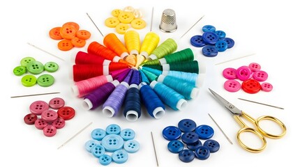 Colorful sewing notions isolated on white background, including thread spools, buttons, needles, thimble, and scissors for crafting projects