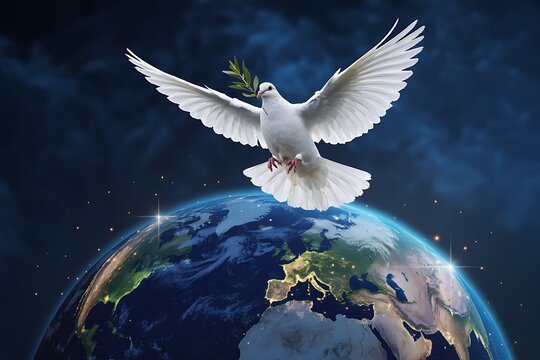 Inspiring white dove carrying olive branch soars above Earth, symbolizing global peace and harmony today