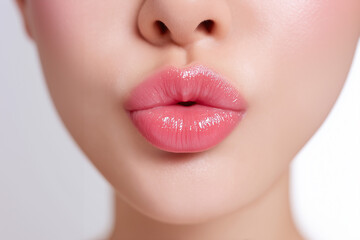 Fototapeta premium リップグロスを塗ったセクシーなアジア人女性の唇の美容広告 Sexy Asian Woman's Lips with Lip Gloss for a Beauty Ad