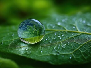 Droplet collecting on leaf close-up photography nature serene environment macro view water reflection concept