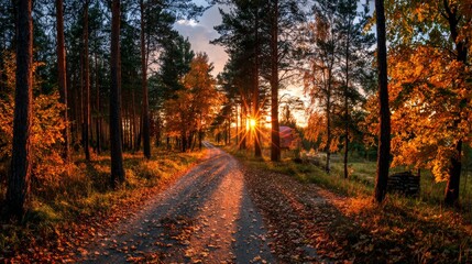 Fototapeta premium Road in autumn forest at sunset.