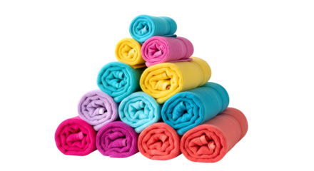 Colorful rolled towels stacked in a pyramid shape isolated on transparent background soft and absorbent cotton towels for bathroom, spa, and gym use