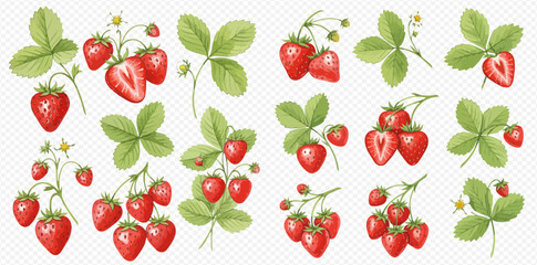 A beautiful set of watercolor strawberry illustrations featuring ripe red berries, green leaves, and delicate white blossoms.