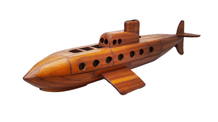 A handcrafted wooden submarine on a white background  png