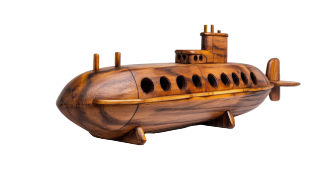 A handcrafted wooden submarine on a white background png
