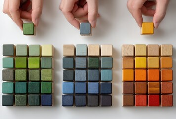 Hands place colored wooden blocks in grid patterns