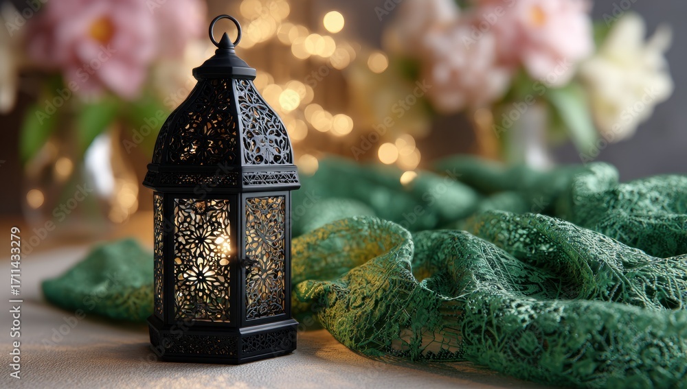 Poster a black decorative lantern with intricate details sits on a table adorned with a flowing green lace 