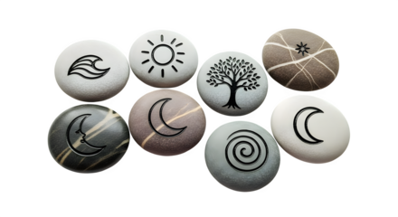 Collection of pebble stones with engraved symbols isolated on transparent background, representing nature, spirituality, and ancient wisdom concepts