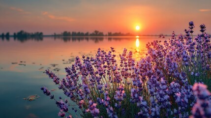 Naklejka premium Lavender blooms by a tranquil lake at sunset (1)