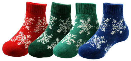 Four pairs of ankle socks, red, green, and blue, featuring snowflake patterns