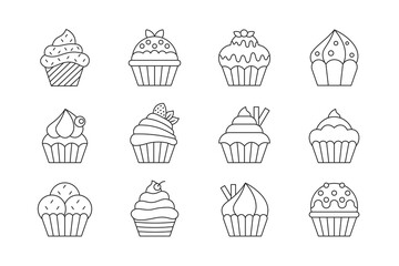 Cupcake Outline Icon Set – Vector Line Art Dessert Collection