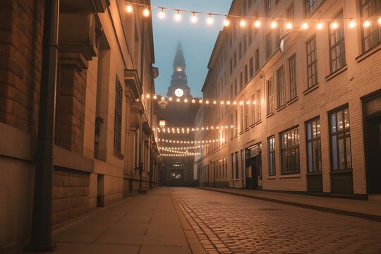Charming European street at dusk with warm string lights illuminating historic buildings and a distant clock tower