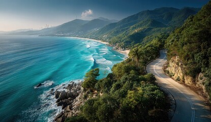 Fototapeta premium Coastal road winds through lush hills to turquoise beach