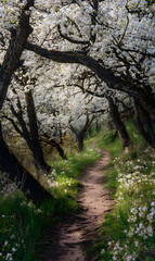 Obraz premium Serene path winding through a spring forest with blooming trees creating an enchanting tunnel of white blossoms leading towards natural light idyllic fairytale atmosphere scenic