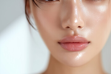 Obraz premium 運動後、汗ばむ女性の口元のクローズアップ Close-up of a Woman's Glistening Mouth After a Workout